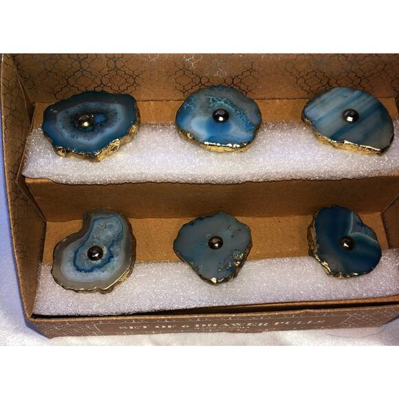 Drawer Cabinet Pull Knobs Sliced Agate Stone Blue Gold Lot of 11 NEW - Picture 4 of 8